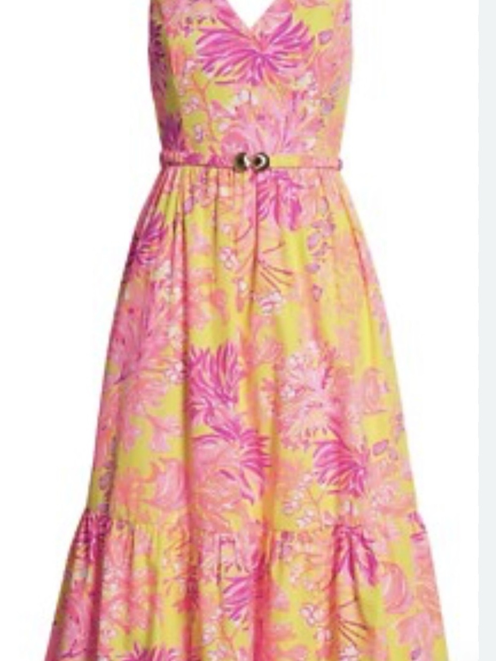 Tory Burch Pink and Yellow Floral Belted Midi Dress